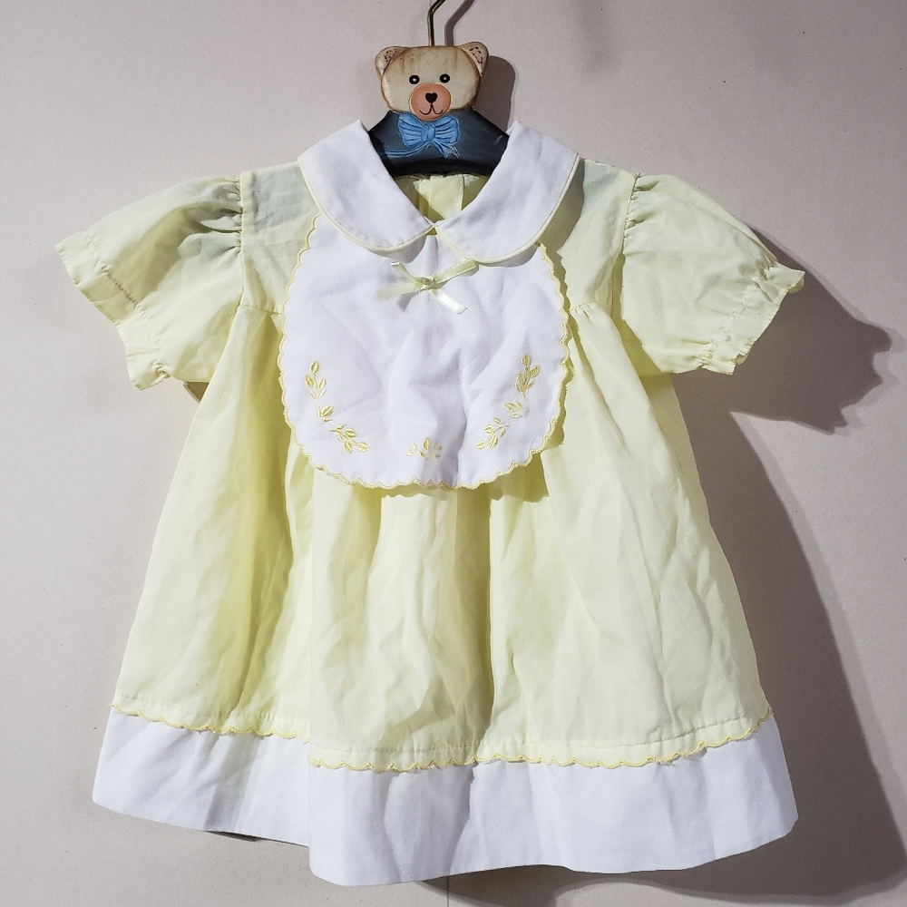 Vintage retro toddler girls yellow white embroidered dress and matching bib